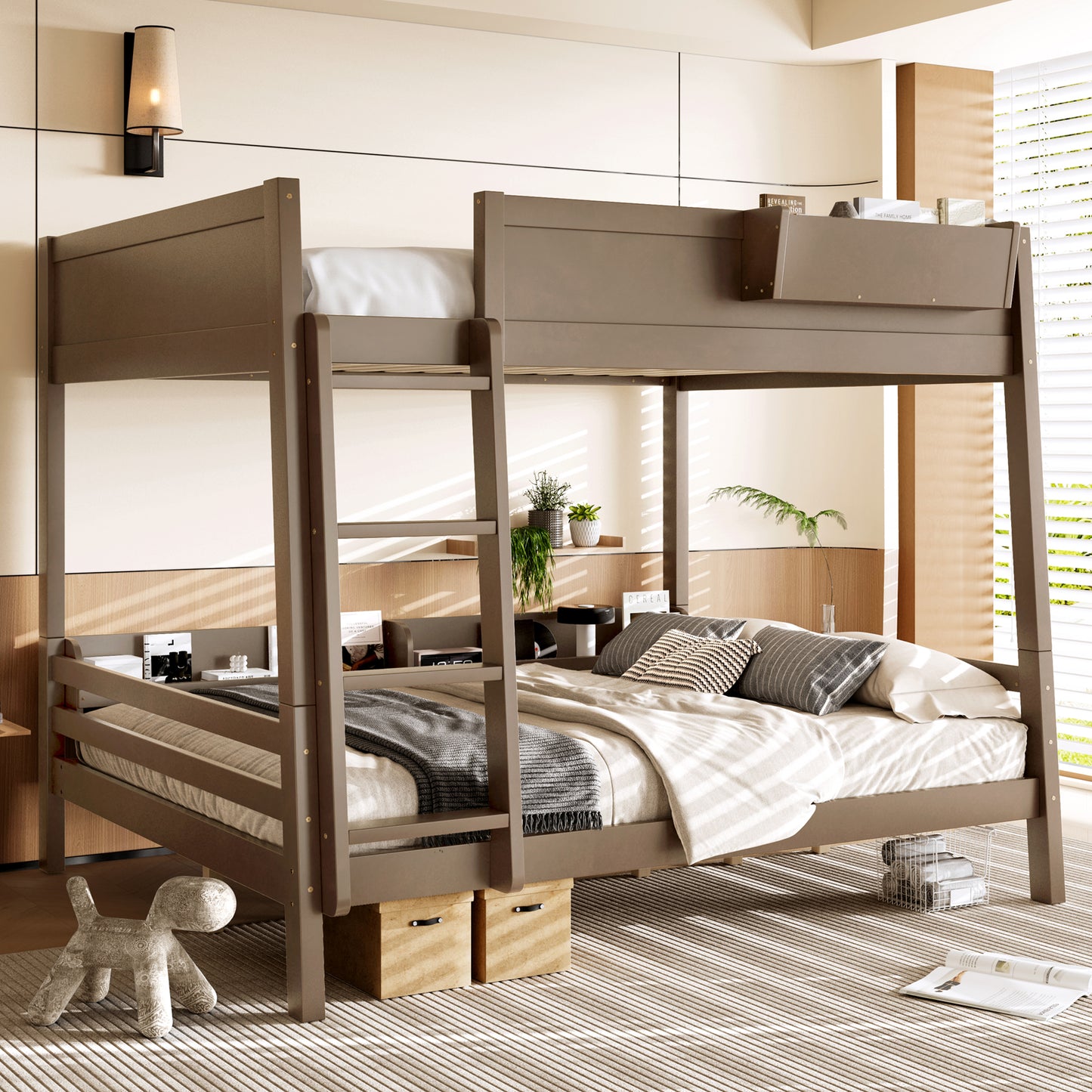 Queen Bunk Bed With Storage Shelf and Bookshelf,Wood Bunk Bed with Ladder and Guardrails,Detachable Design,Vintage brown image 2