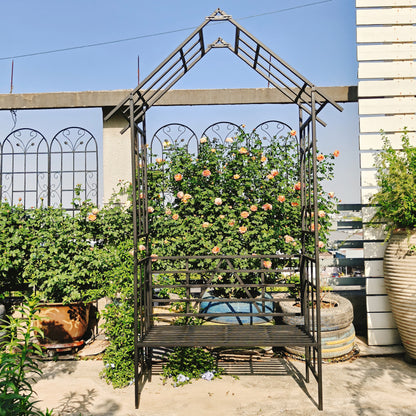 Metal Garden Arch with Bench Turned into Flower Stand W58.07*H97.24 Climbing Plants Support Rose Arch Outdoor Black image 12