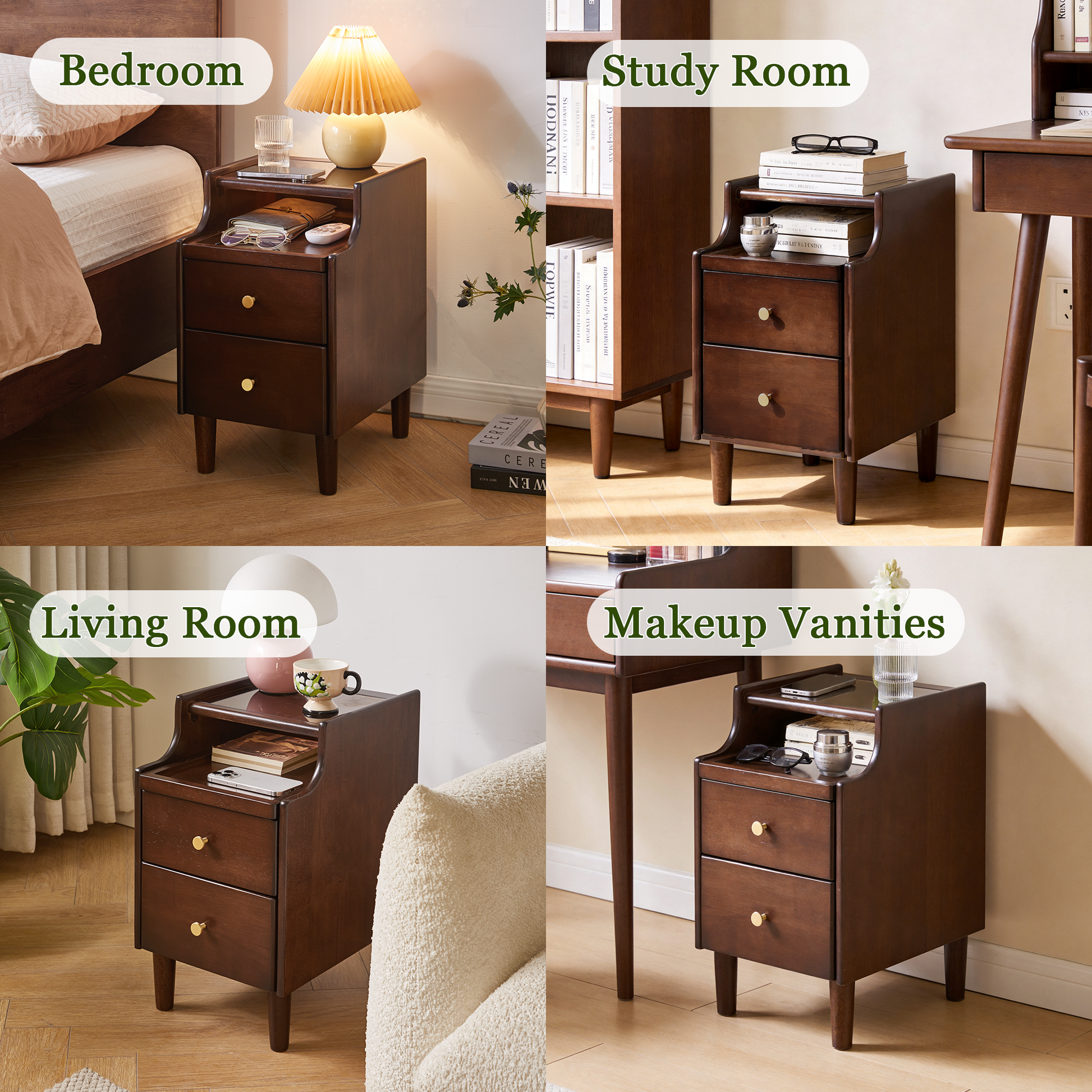 Solid Wood Nightstand with Two Drawers and Pull-out Panel Storage Bedside Table and Sofa Side Table image 7