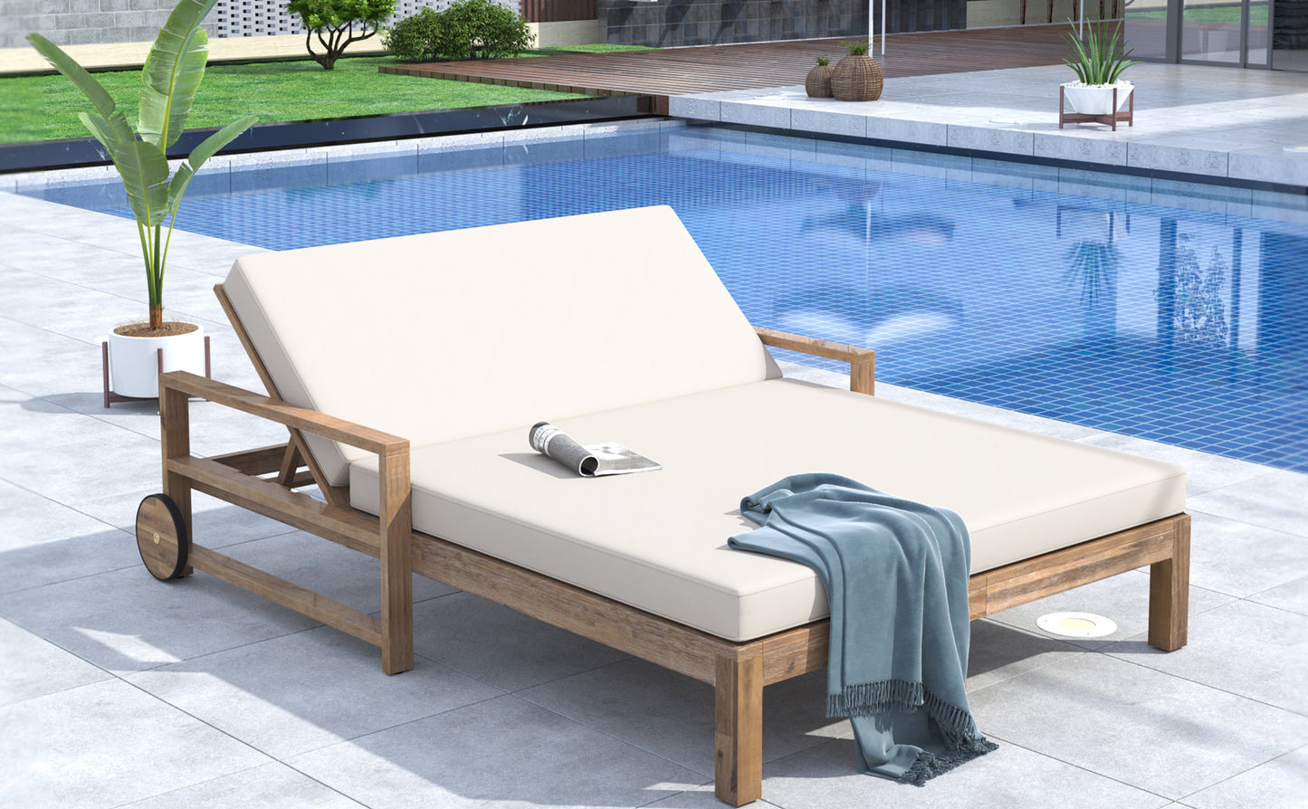 TREXM 1-Piece Farmhouse-styled Wooden Outdoor Sunbed for Ultimate Relaxation Outdoor Daybed Seating 2 People for Poolside, Garden and Backyard (Beige) image 2
