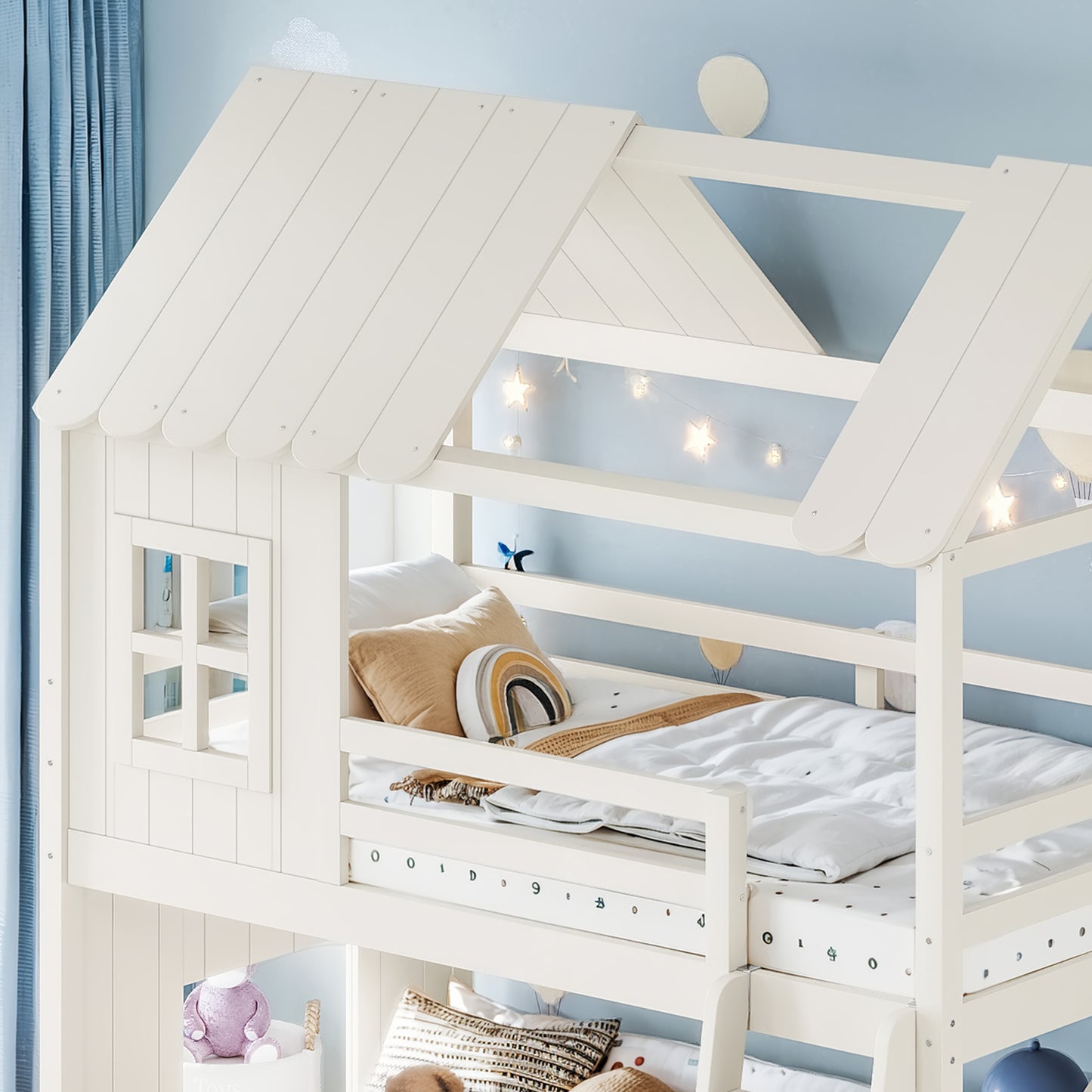 Twin over Full House Bunk Bed with Ladders and Slides, House Floor Bunk Bed with Storage Shelves and Wardrobe, Playhouse Design,Beige image 4