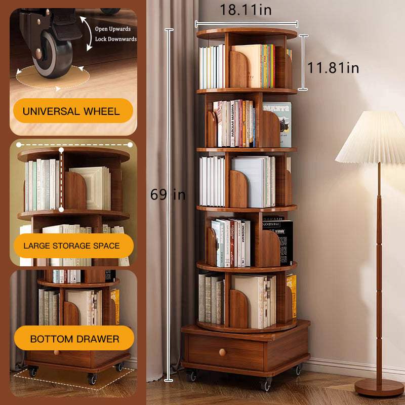 (UPGRADED) Rotating Bookshelf, 360 Display Corner Bookshelf for Small Space, 6 Tier Bookcase Storage Rack with Wheels, Wood Narrow Organizer for Bedroom, Living Room, Study Room, Walnut Brown image 6