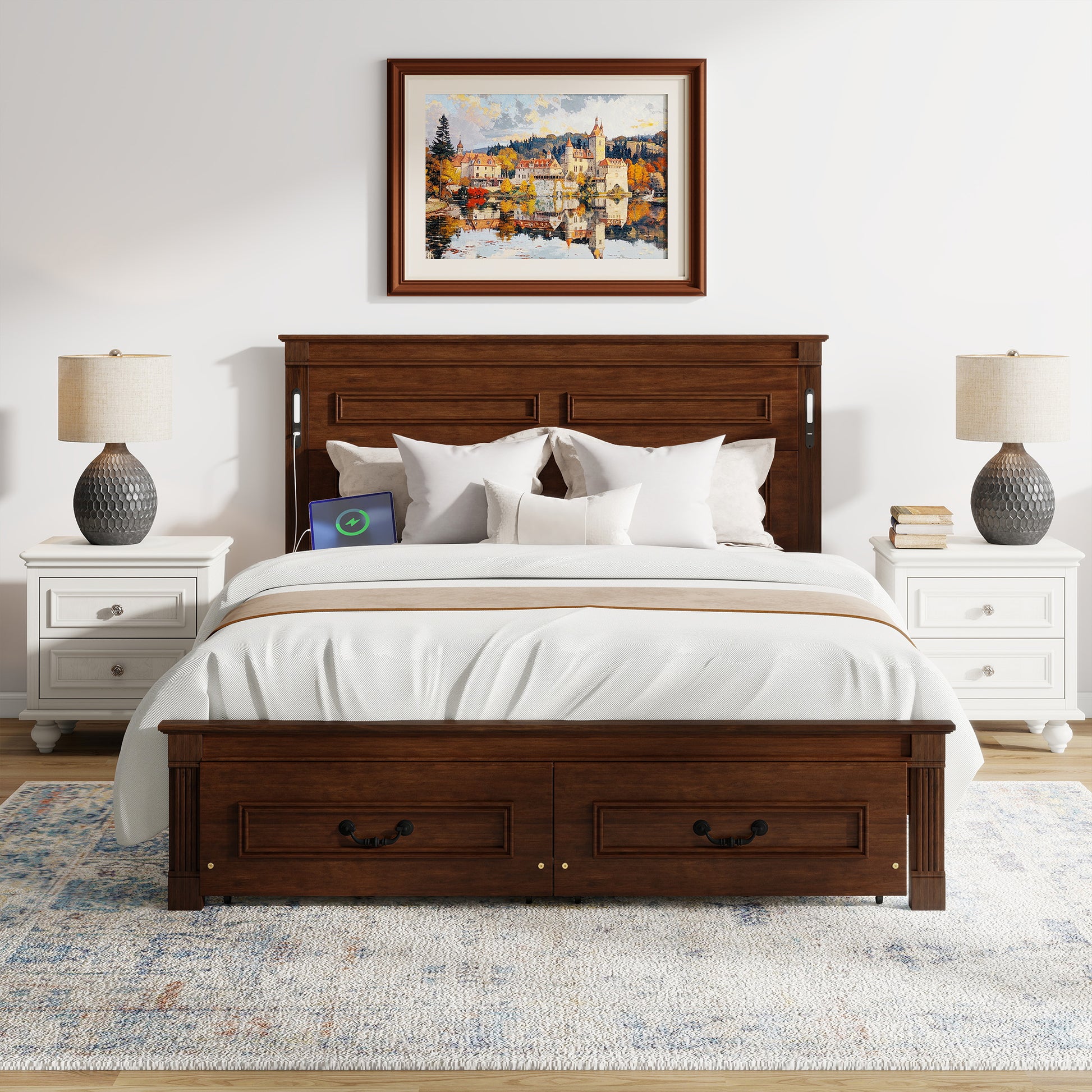 Queen Size Bed with Tall-Panel Headboard & Footboard, 2 Storage Drawers, Built-in LED Lights, USB Charging Station, Pinewood Bed with Strengthened Bed Frame,Walnut image 1