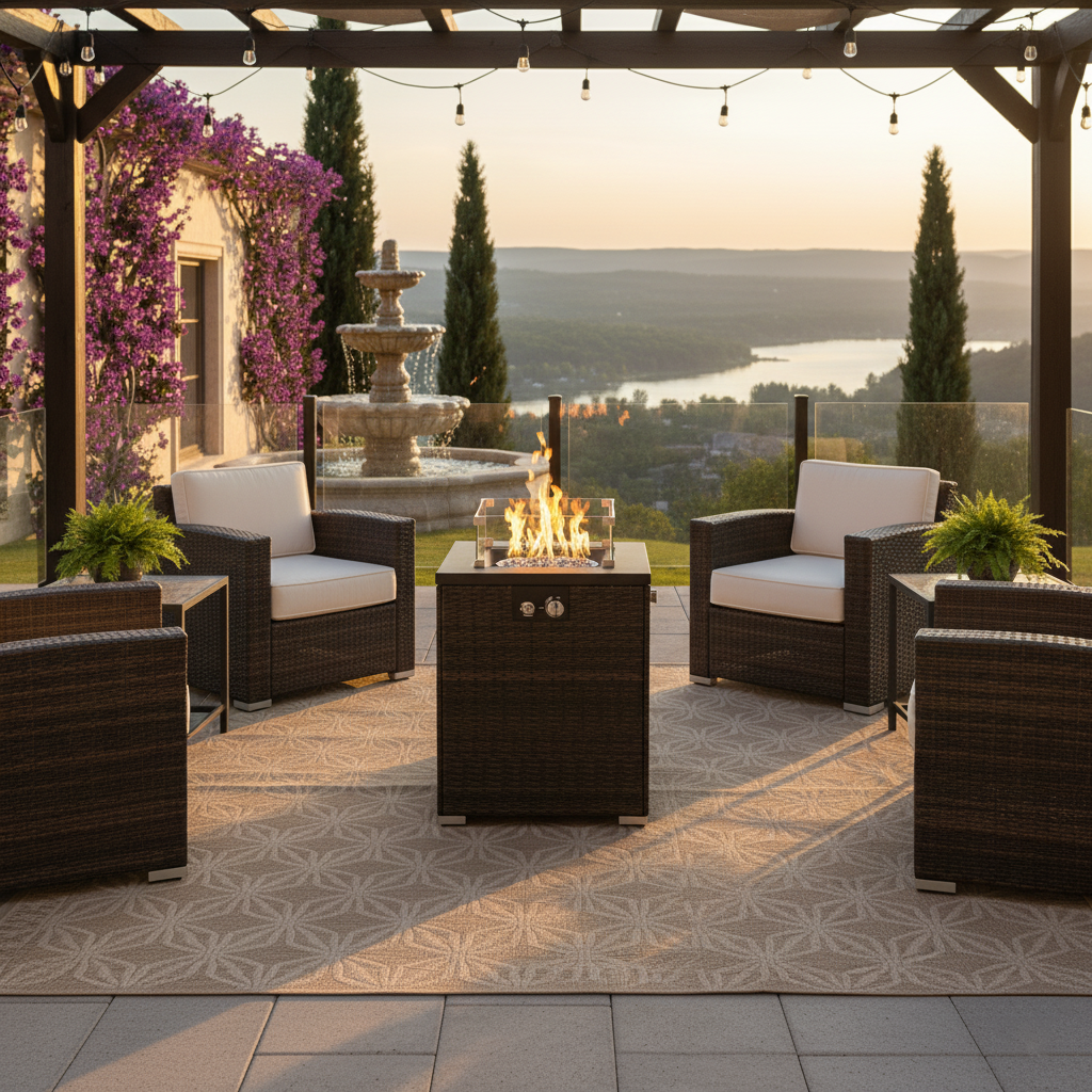22" Propane Gas Fire Pit Table, 50000 BTU Square Steel Fire Pit with Beautiful Wicker Base for Outside Patio Deck Garden Backyard-Dark Brown image 2