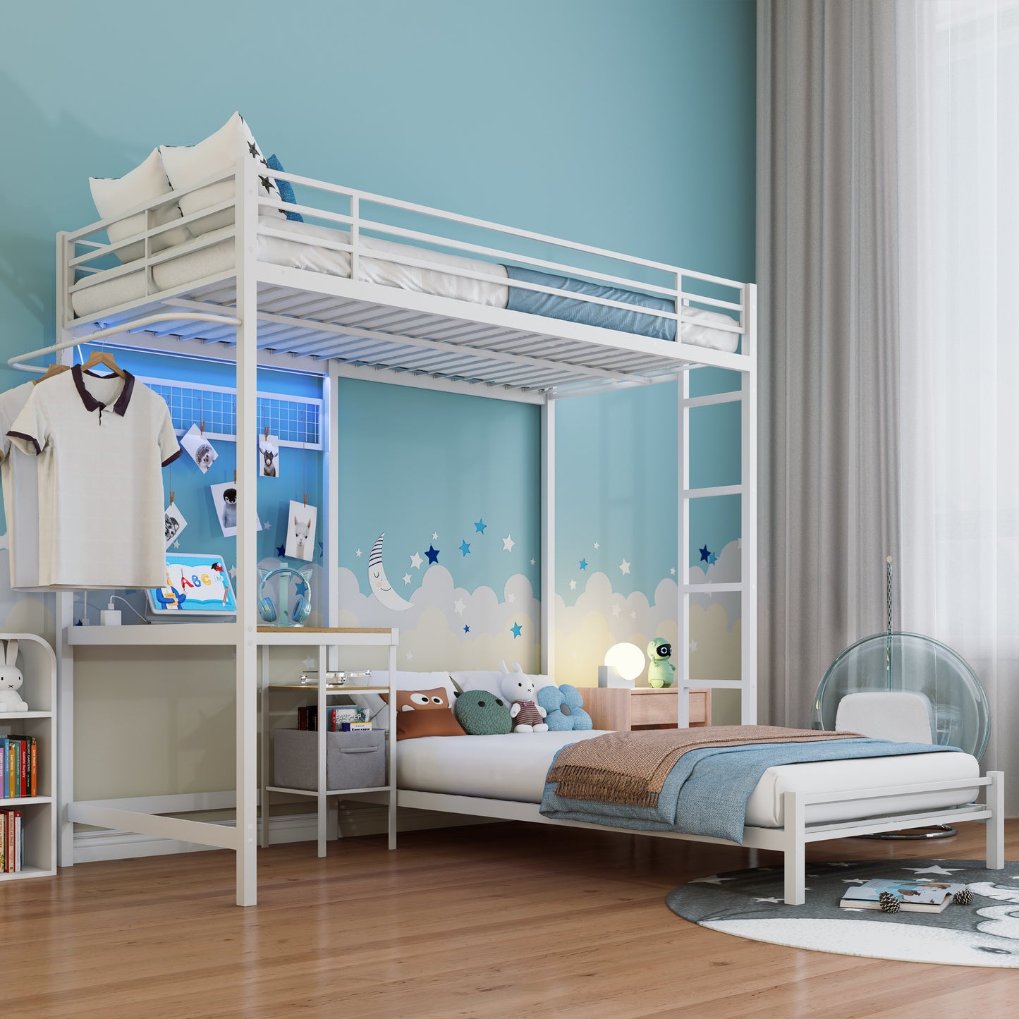 Bunk Bed with Ladder and high Guardrail, Able to Split, Metal Bunk Bed, Storage Space, Noise Free,Twin Over Twin Size,White image 3