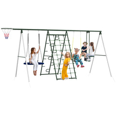 Outsunny 528 lbs Swing Set for Backyard, 5 in 1 Heavy-Duty A-Frame Stand Outdoor Playset for Kids, with Saucer Swing, Slide, Swing Seats, Glider, Basketball Hoop, Climbing Steps and Net