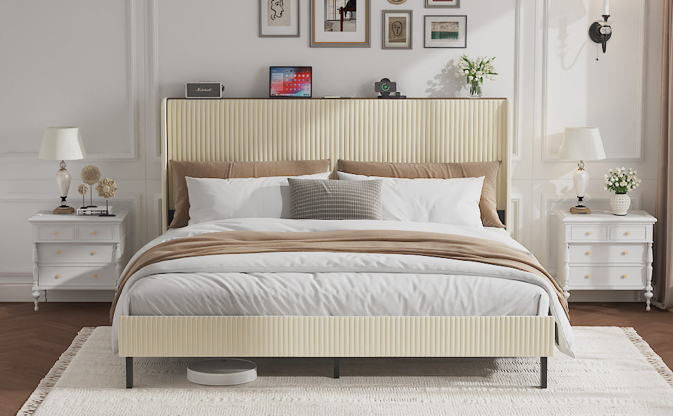 Queen Size Platform Bed, Metal Bed Frame with Charging Station, No Box Spring Needed, (Beige), Noise Free,Easy Assemble. image 5