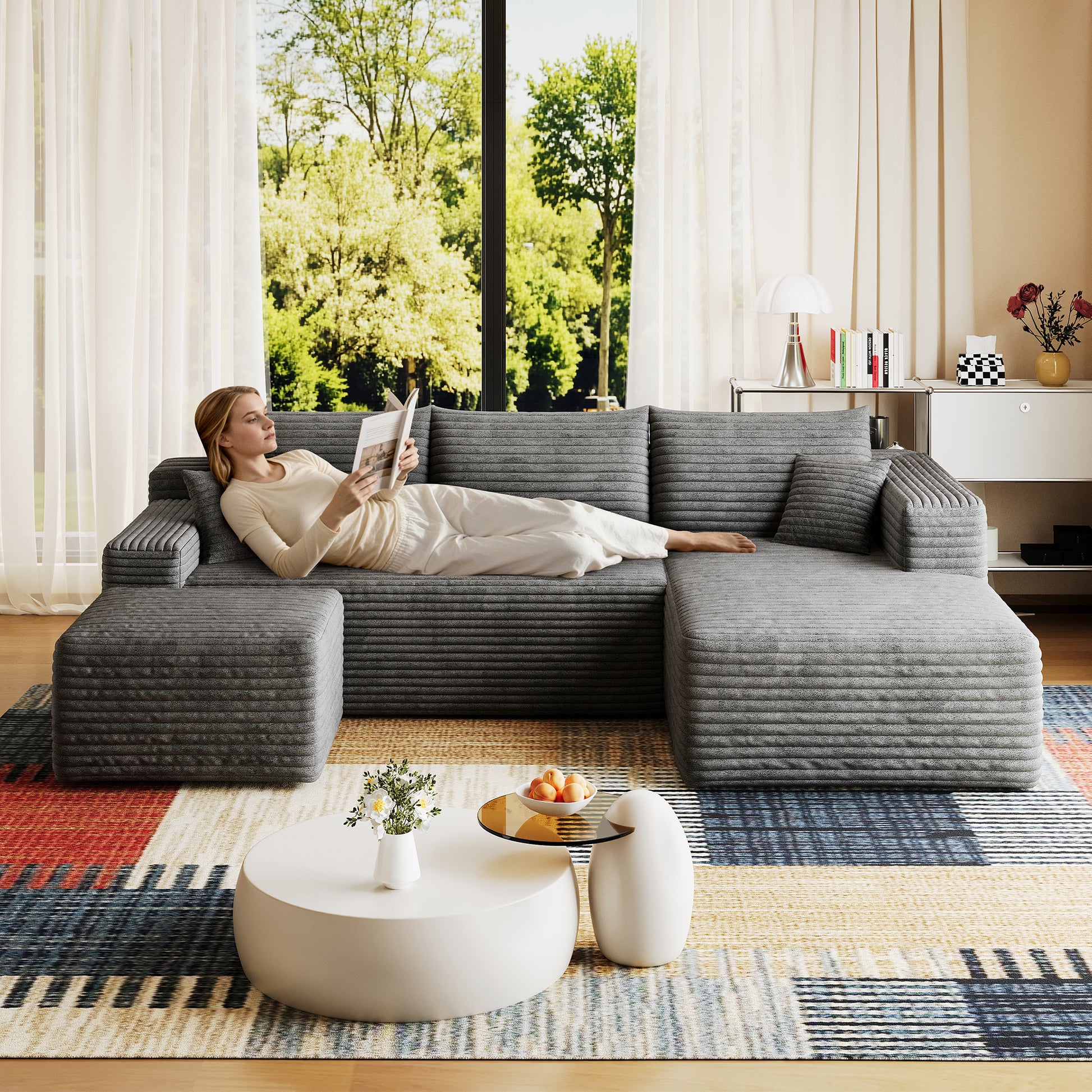 95" Cloud Sectional Sofa with 1 Ottoman,Modern Minimalist Upholstered Couches, Comfort U Shaped Sofa for Living Room,Deep Seat Corner Couch,No Assembly Required,Dark Grey((Plush Corduroy Fabric) image 2
