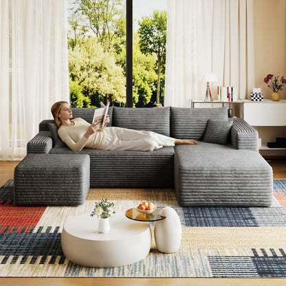 95" Cloud Sectional Sofa with 1 Ottoman,Modern Minimalist Upholstered Couches, Comfort U Shaped Sofa for Living Room,Deep Seat Corner Couch,No Assembly Required,Dark Grey((Plush Corduroy Fabric) image 2