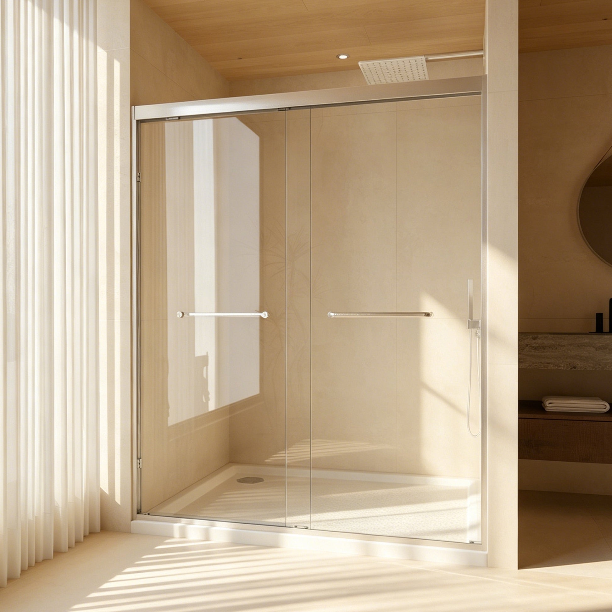 56-60 " x 72" Tempered Glass, Aluminum Frame Double Sliding Shower Door, "1/4 (6 mm), Stainless Steel handle,Brushed Nickel image 9