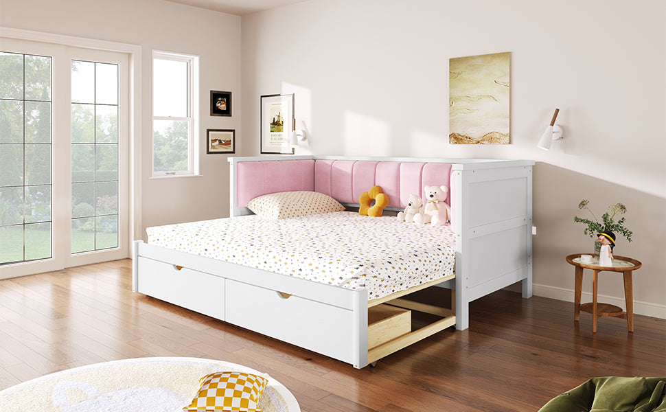 Twin XL to King Size Daybed with Two Storage Drawers and Upholstered Backrest, White+Pink image 6