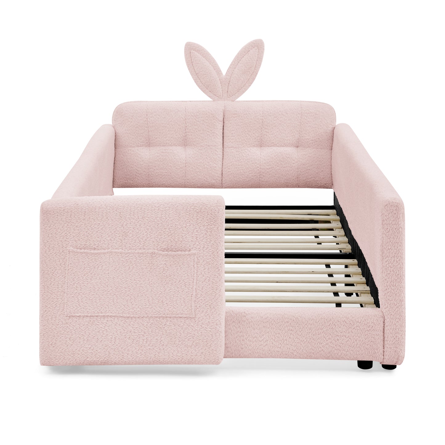 Twin Size Upholstered Platform Bed with Cute Rabbit Ear Shaped Headboard, with Safety Rail and Pocket, Boucle Fabric, Pink image 3