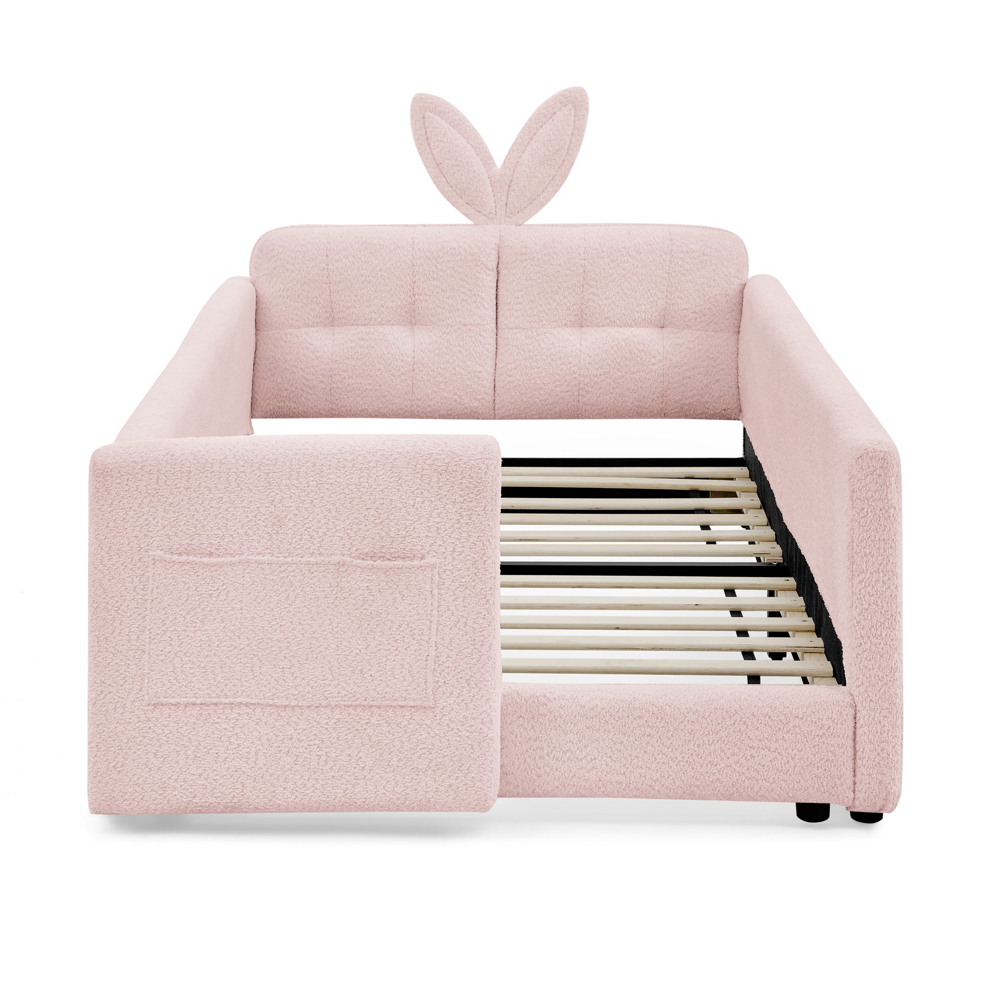 Twin Size Upholstered Platform Bed with Cute Rabbit Ear Shaped Headboard, with Safety Rail and Pocket, Boucle Fabric, Pink image 3
