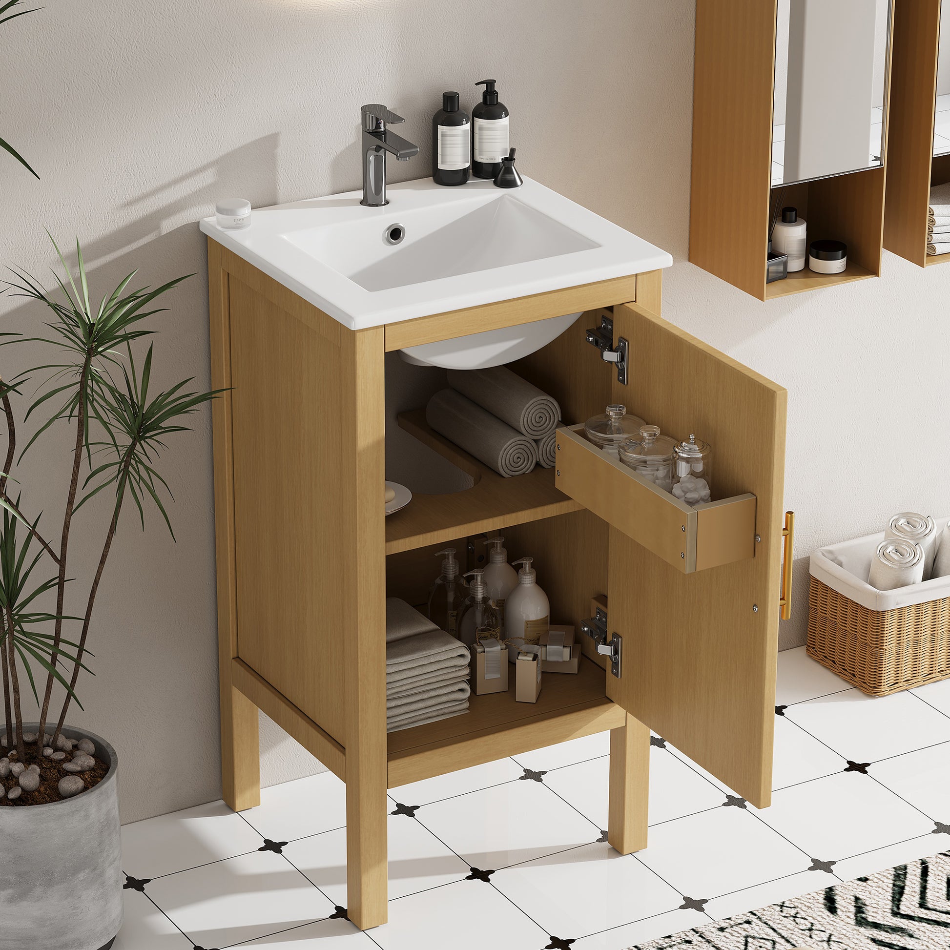 18" Bathroom Cabinet with Storage, Small Space Solution with Ceramic Sink, Adjustable Shelf, Soft-Closing Hinges image 4