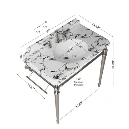 VICI 36" Bathroom Console Sink, Undermount Ceramic Vanity Basin&Panda White Artificial Marble Top with 3 Pre-drilled Faucet Holes, Freestanding Stainless Steel Support Legs with Towel Bar,Chrome Color image 5