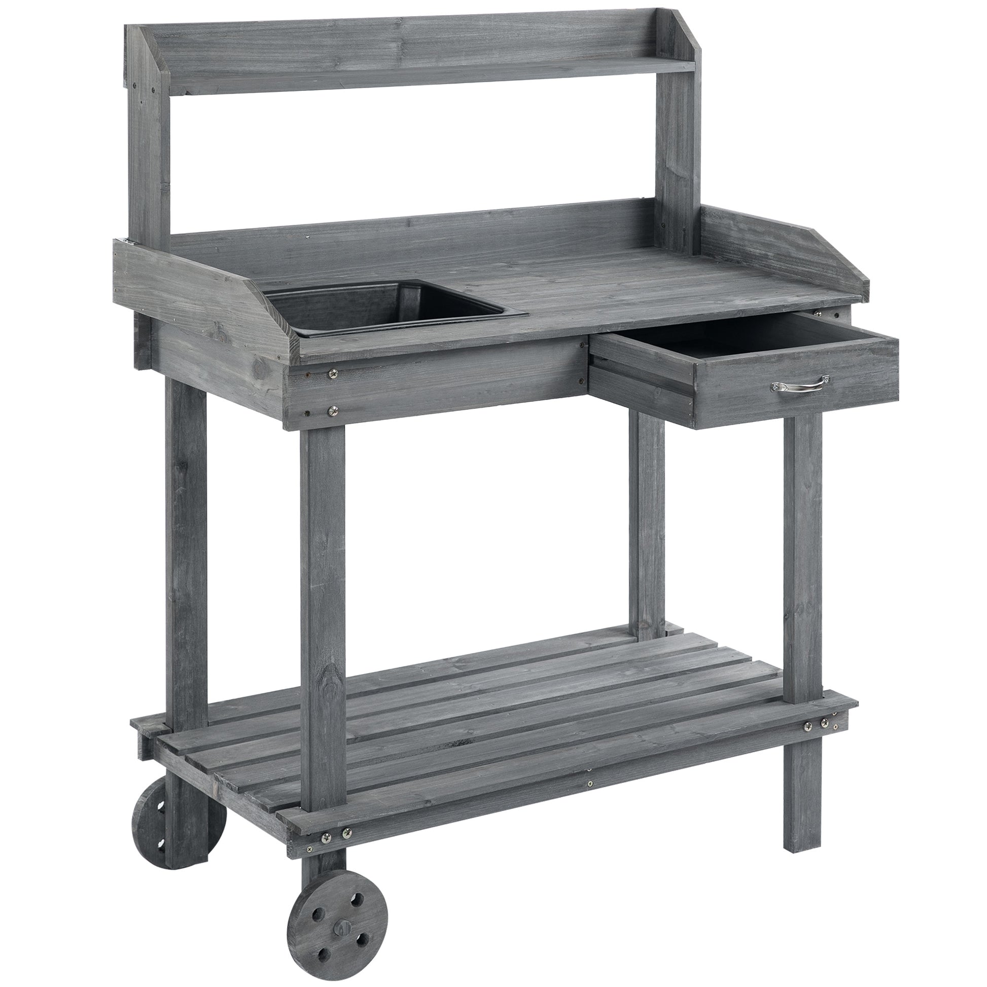 Outsunny 36'' Wooden Potting Bench Work Table with 2 Removable Wheels, Sink, Drawer & Large Storage Spaces, Gray image 1