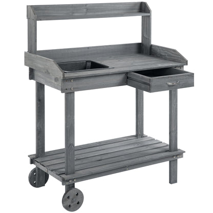 Outsunny 36'' Wooden Potting Bench Work Table with 2 Removable Wheels, Sink, Drawer & Large Storage Spaces, Gray image 1
