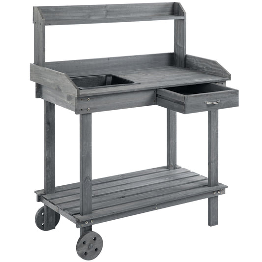 Outsunny 36'' Wooden Potting Bench Work Table with 2 Removable Wheels, Sink, Drawer & Large Storage Spaces, Gray image 1
