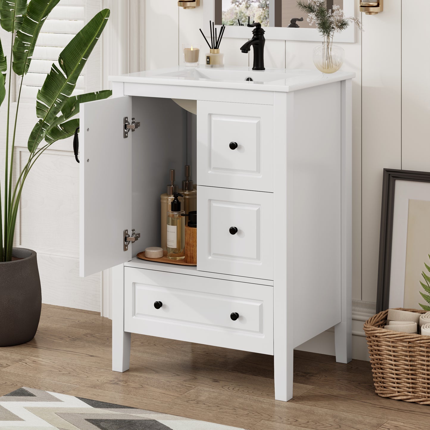 24 inch Bathroom Vanity with Sink, One Cabinet with Soft-closing Door, 3 Soft-closing Drawers, Retro Metal Handles, White image 4