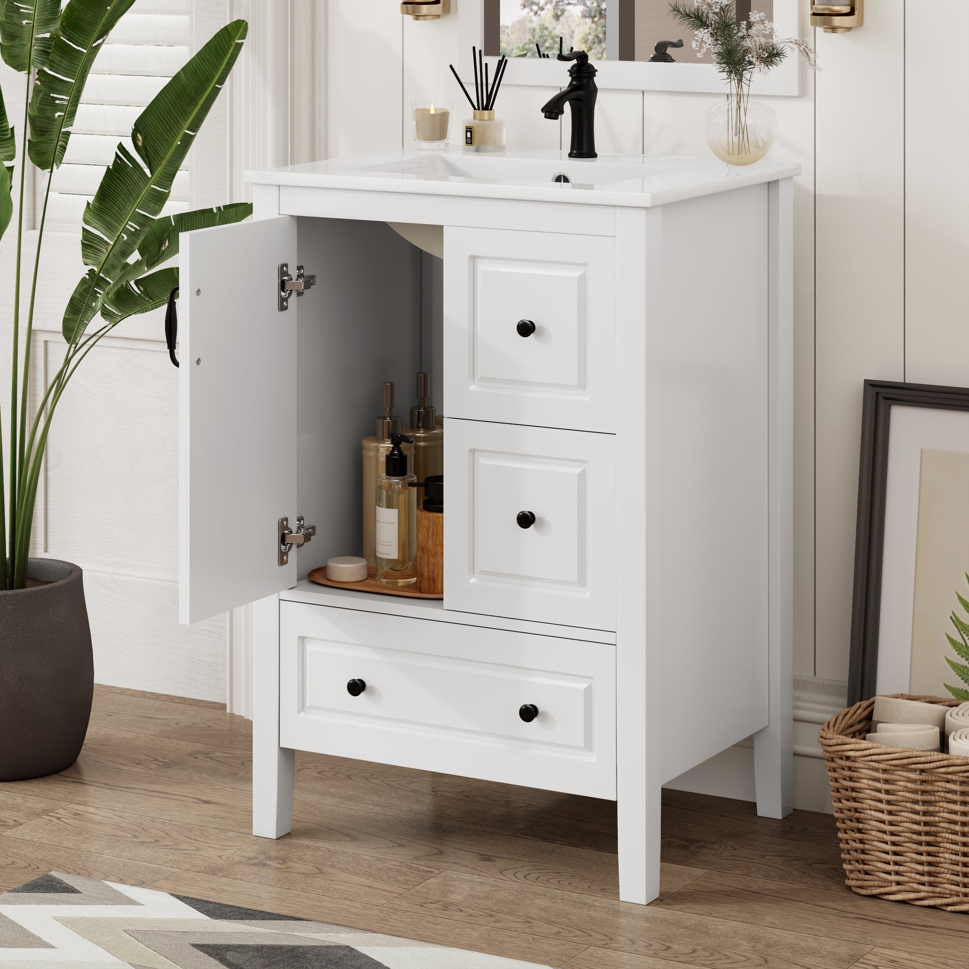 24 inch Bathroom Vanity with Sink, One Cabinet with Soft-closing Door, 3 Soft-closing Drawers, Retro Metal Handles, White image 4
