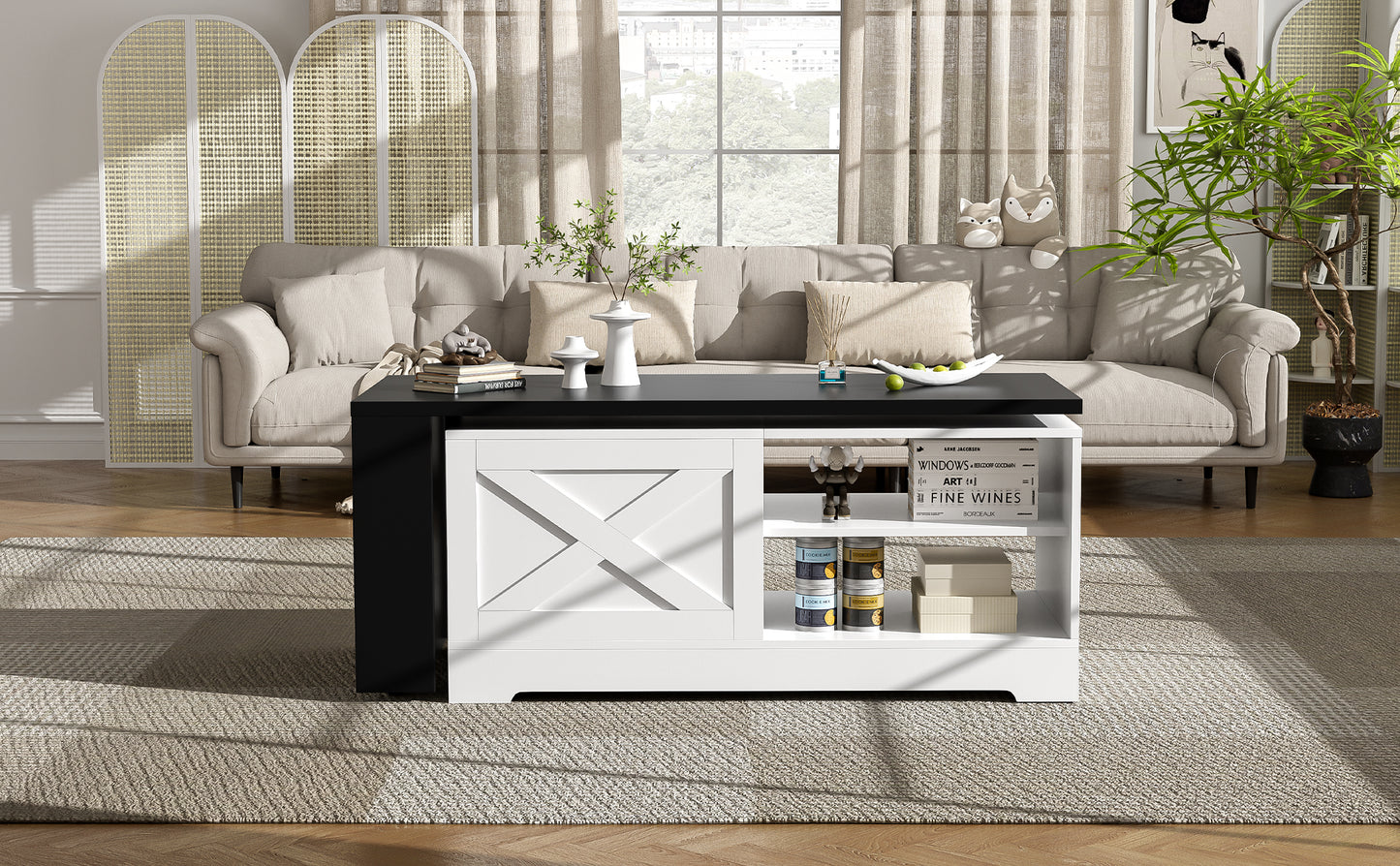 U-Can Farmhouse Lift Top Coffee Table With Barn Doors, Wood Rectangle Center Table With Large Hidden Storage Space And Open Cabinet, For Living Room, Bedroom, Home Office image 4