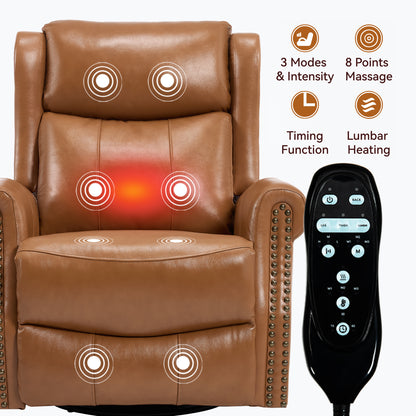Heat Massage Manual Recliner Chair with Rocker and Swivel in Genuine leather for Living Room, Yellow image 4