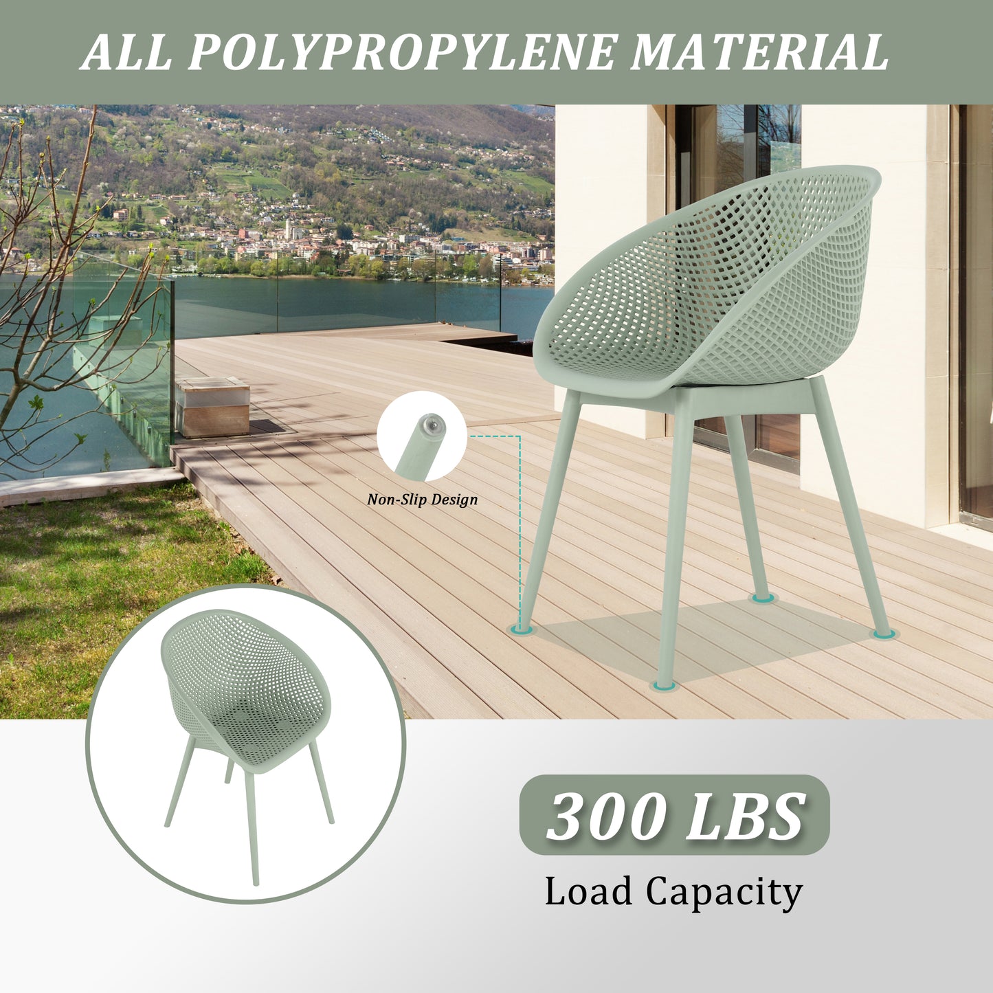 Summer - 2-Pack Pale Green Modern Lounge Chairs – Indoor/Outdoor All-Weather PP Plastic with 36 Inch Indoor/Outdoor Modern White Round PP Table image 11