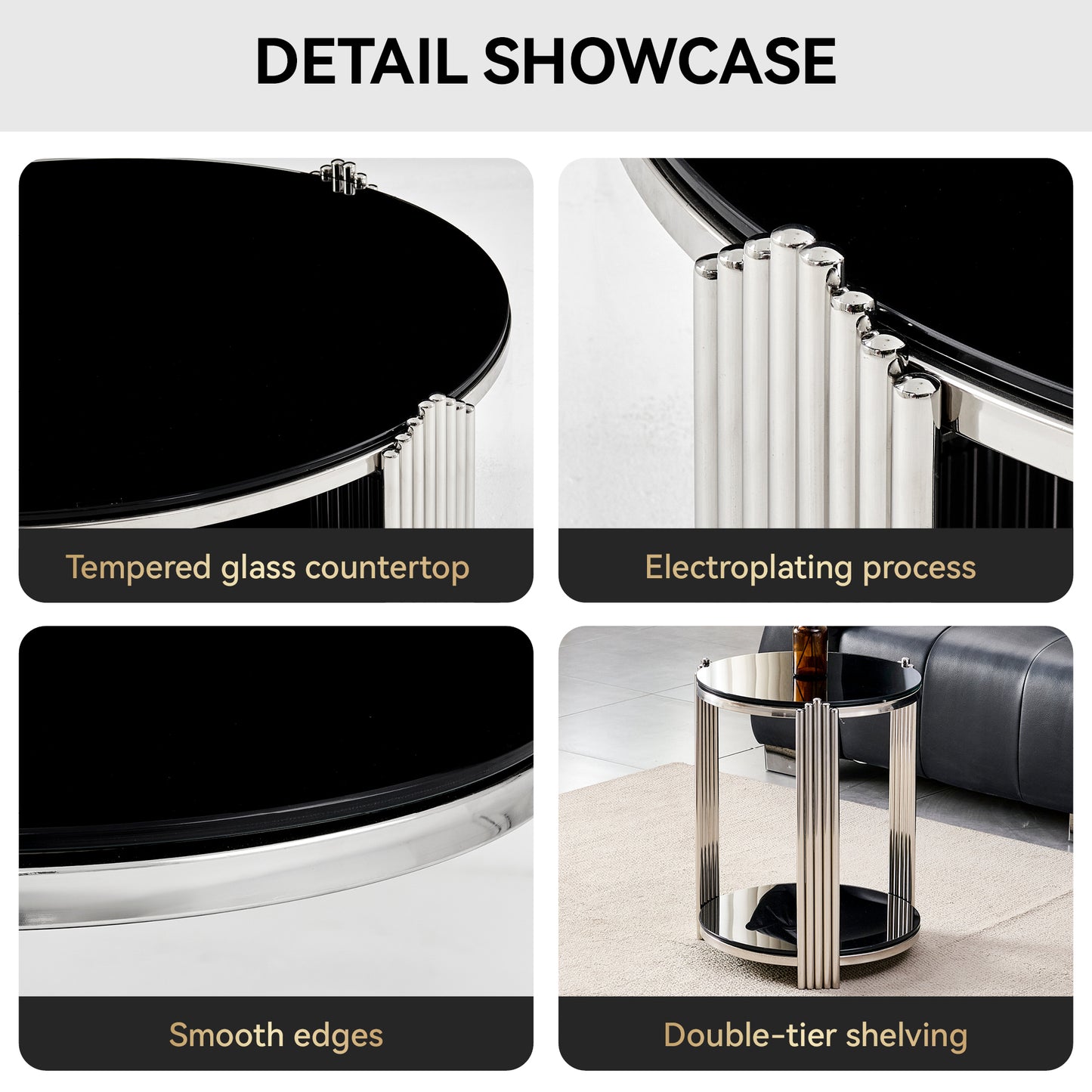 16.90 Inch Modern End Table, Bedside Table,Double-Layer Tempered Black Glass & Silver Stainless Steel Frame Living Room Table, Round Table,Easy Assembly. image 5