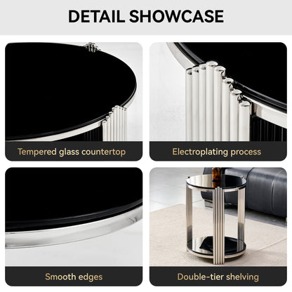 16.90 Inch Modern End Table, Bedside Table,Double-Layer Tempered Black Glass & Silver Stainless Steel Frame Living Room Table, Round Table,Easy Assembly. image 5