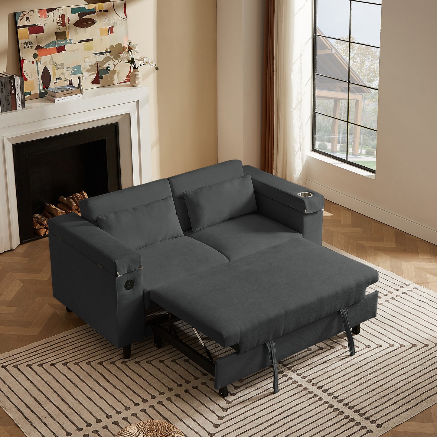 Dark Grey Chenille Sofa with Side Table and USB Port image 2