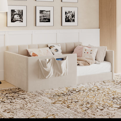 Twin Size Daybed Velvet Upholstered Sofa Bed with High Side Panels and Side Entrance, Space-Saving Guest Bed with Storage Pockets, Beige image 2