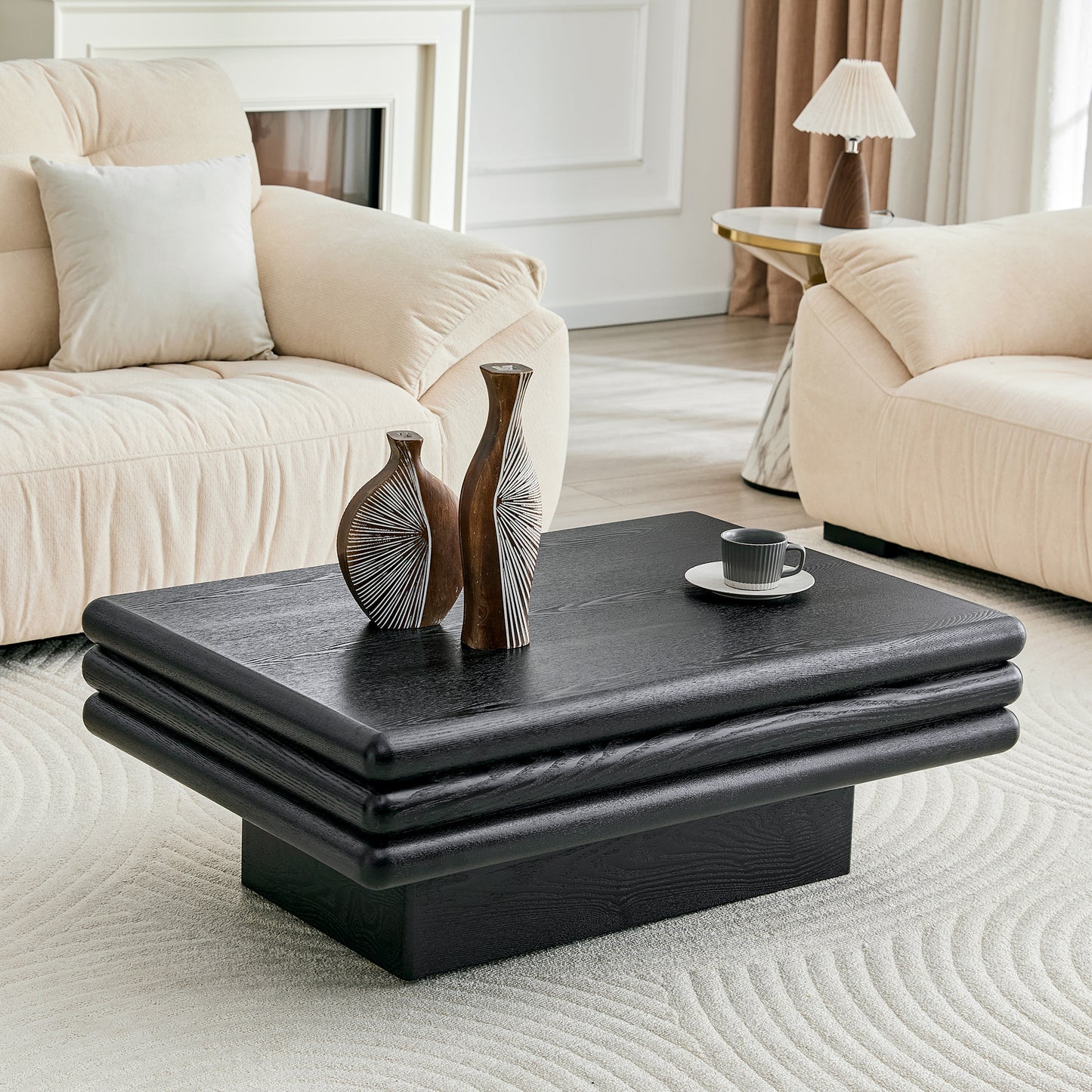 Modern 3-Tier Stacked Rectangular Coffee Table, MDF with Wood Veneer,Black Accent Center Table for Living Room image 3