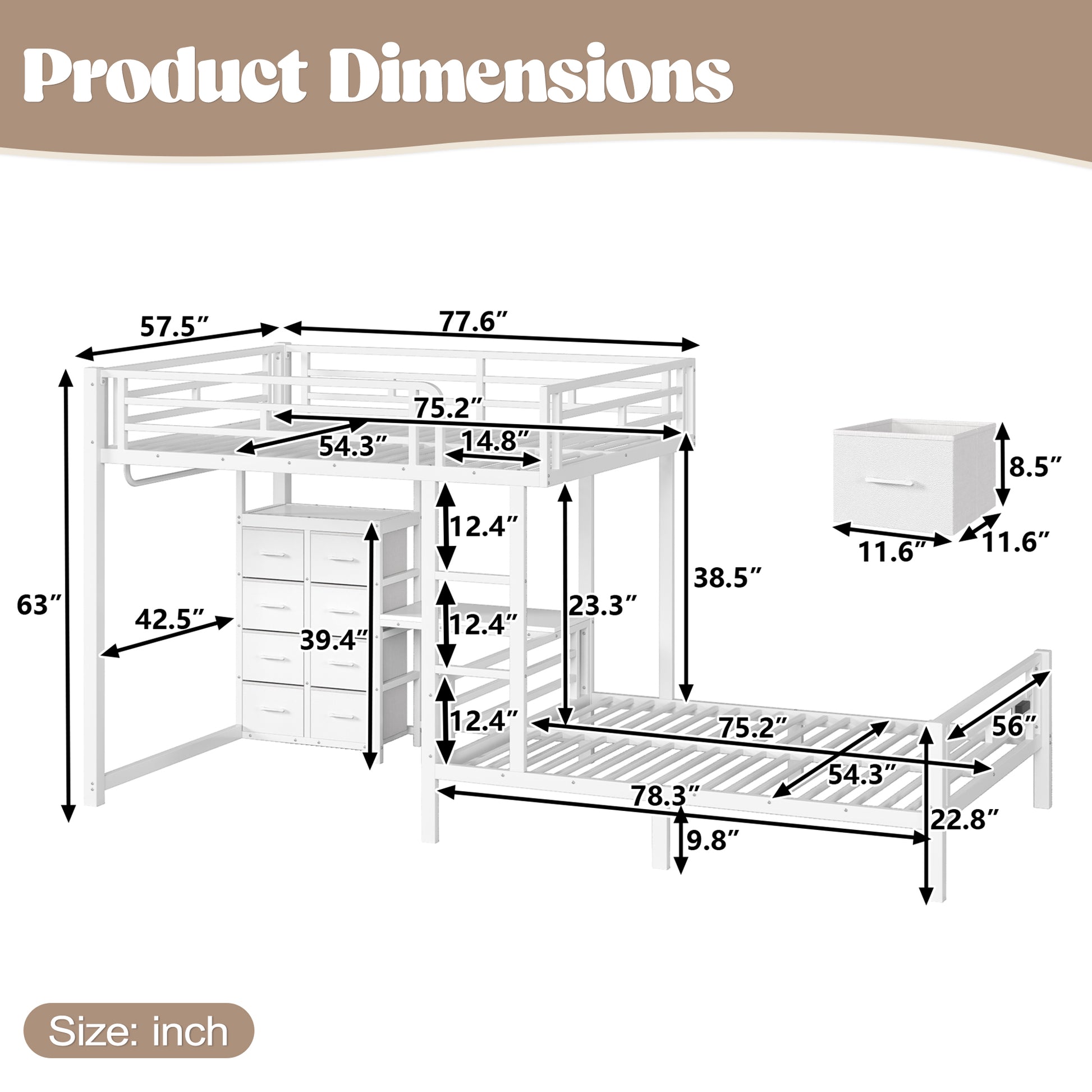 Full over Full Size with 8 Storage Drawers,Built in Bunk bed with Shelves,Bunk bed with Study Desk,Garment Hanging Rod and detachable hanging USB, Sturdy Steel Bed frame for Kids,Teens,adults,white image 6