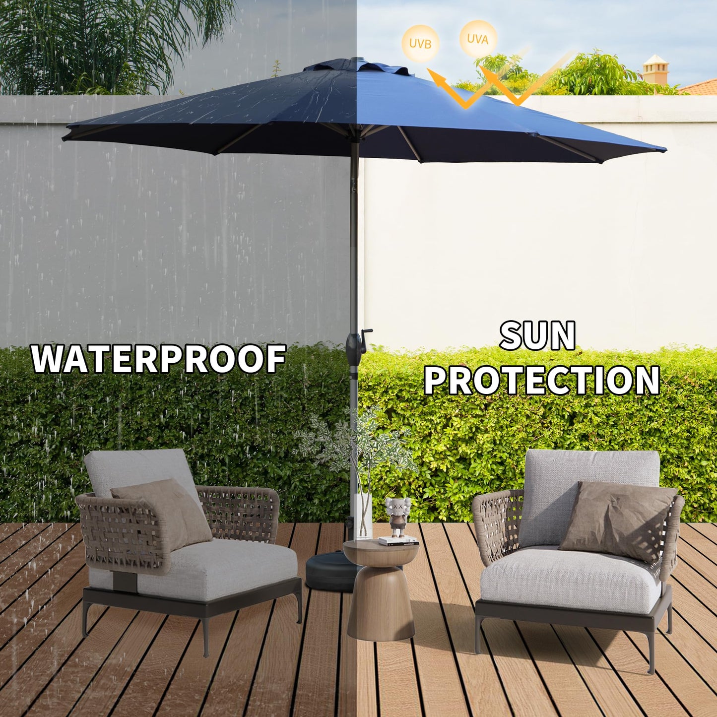 10FT Patio Umbrella, Outdoor Table Umbrella with Push Button Tilt and Crank, UV Protection Waterproof Market Sun Umbrella with 8 Sturdy Ribs for Garden, Backyard, Pool (Navy Blue) - Base Not Include image 2