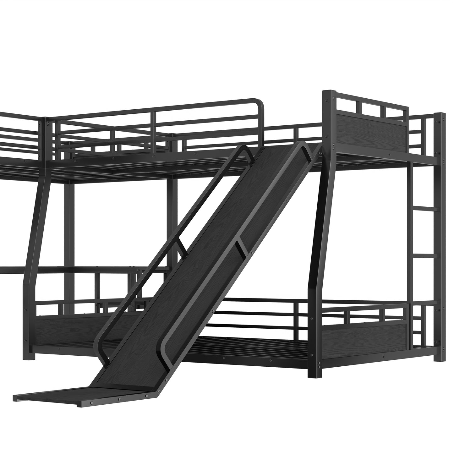 L-Shaped Metal Bunk Bed (Top bed:Full/FullXL, bottom bed: Queen) with Twin XL Loft Bed, Desk, and Storage Shelves,USB Charging Port Included - Metal Triple Bunk Bed with Slide,Black image 10