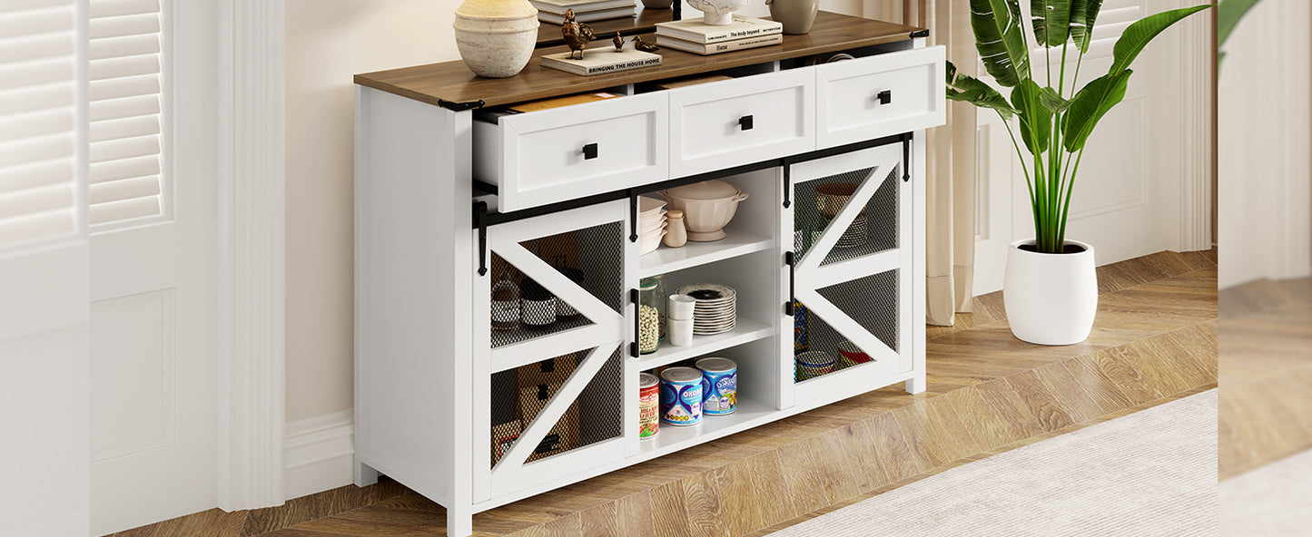 U_Style 55'' Sliding Barn Door Sideboard Buffet Cabinet with 3 Drawers, Adjustable Shelves, Metal Mesh & Particleboard Doors, Aluminum Handles, Industrial Storage for Living or Dining Room image 10