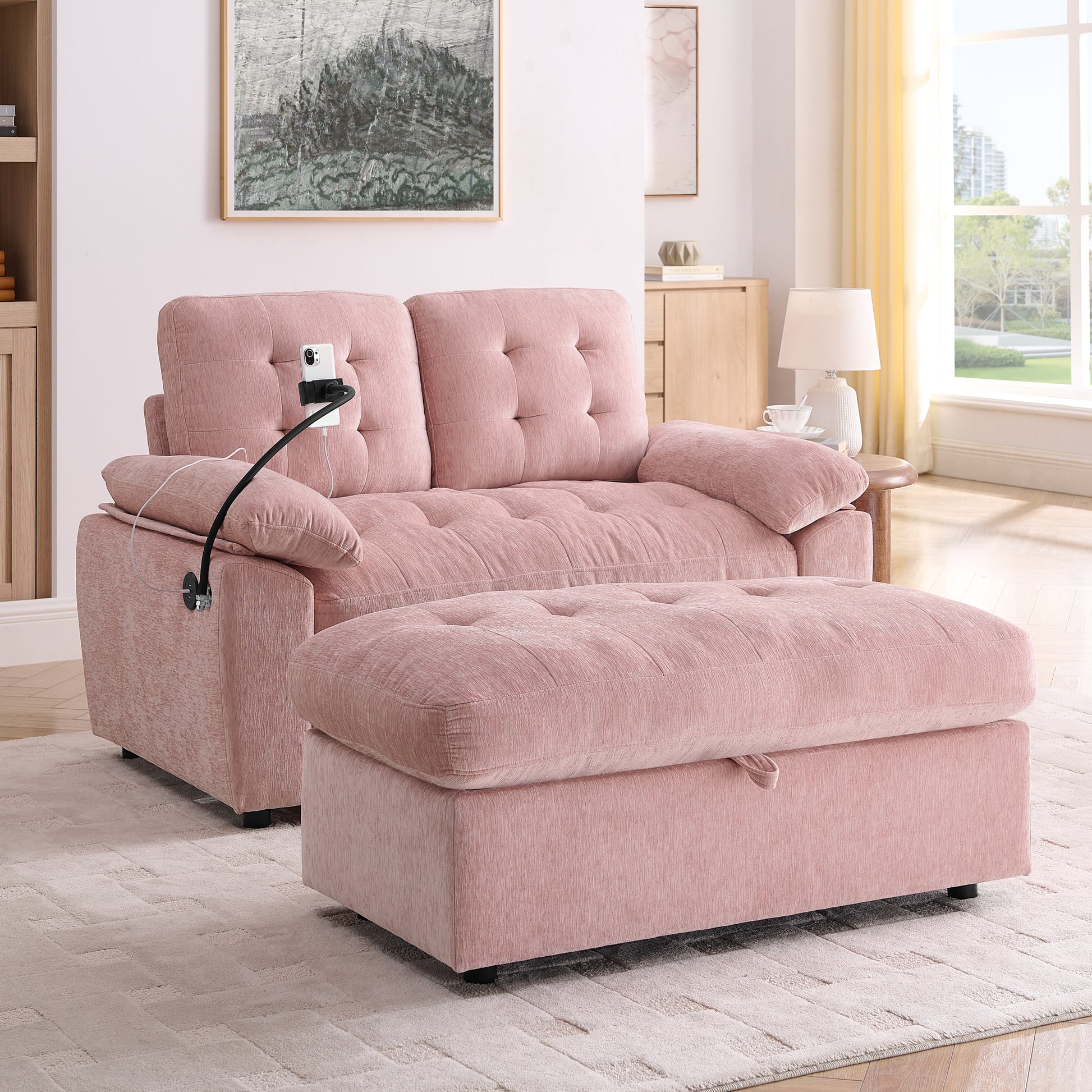 Leisure sofa chair,Double sofa recliner, with manually adjustable backrest, soft padded armrests, side USB charging port and phone stand, comes with a matching storage ottoman-Pink image 1