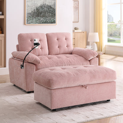 Leisure sofa chair,Double sofa recliner, with manually adjustable backrest, soft padded armrests, side USB charging port and phone stand, comes with a matching storage ottoman-Pink image 1