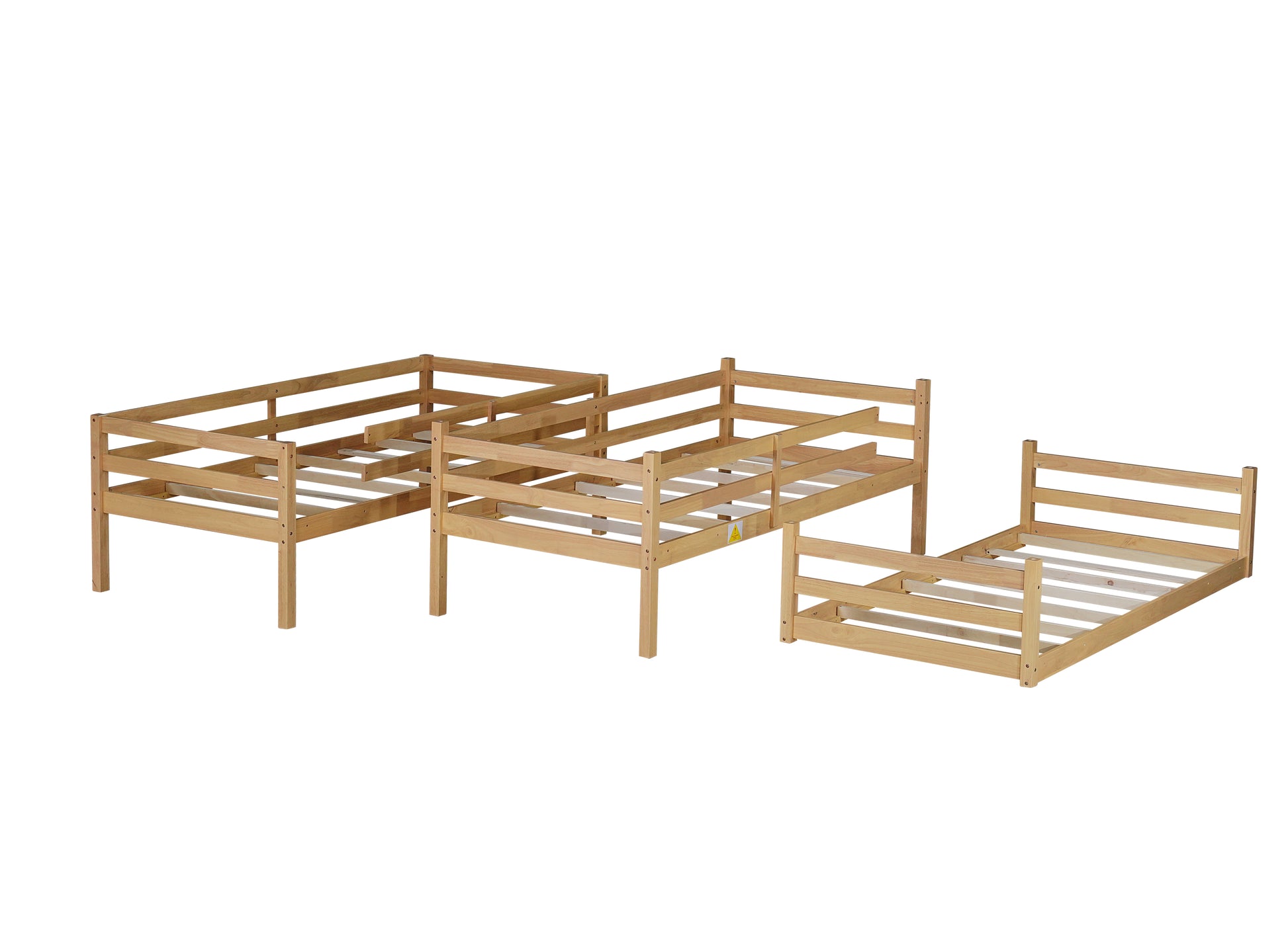 Triple Rubber Wood Bunk Bed with Two Built-in Ladders, Guardrails, Twin over Twin over Twin, Detachable Triple Twin Bunk Bed,Natural image 6