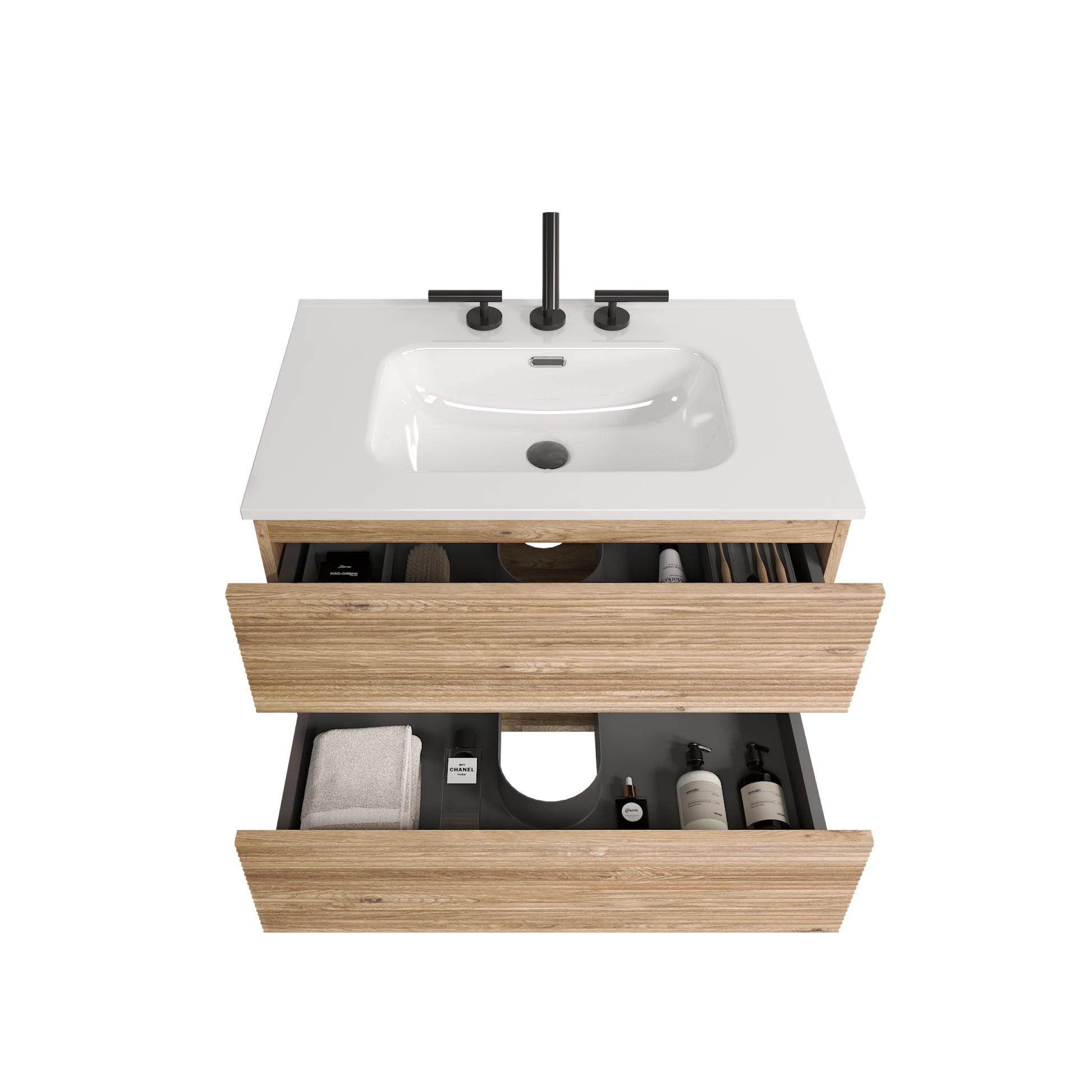 Gloria 30" Wall Mounted Rough Oak&Rough Oak Bathroom Vanity with Integrated Ceramic Sink with Overflow, with 3 holes, Large Storage Floating Bathroom Vanity for Modern Bathroom, KD image 11