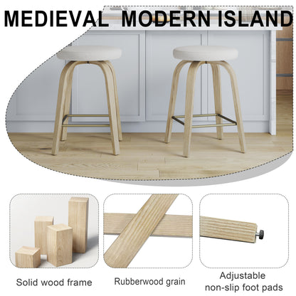 Swivel Bar Stools Set of 2, Counter Height Backless 26″ Bar Stool, Fabric Upholstered Seat, Sturdy Wood Legs and Metal Footrest, Mid-Century Modern Island Stools for Home Bars, Restaurants, Beige image 12