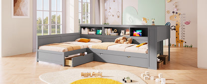 Wood Twin Size L-shaped Platform Bed with Trundle and a Drawer, Grey(Old SKU:N7090001045E) image 9