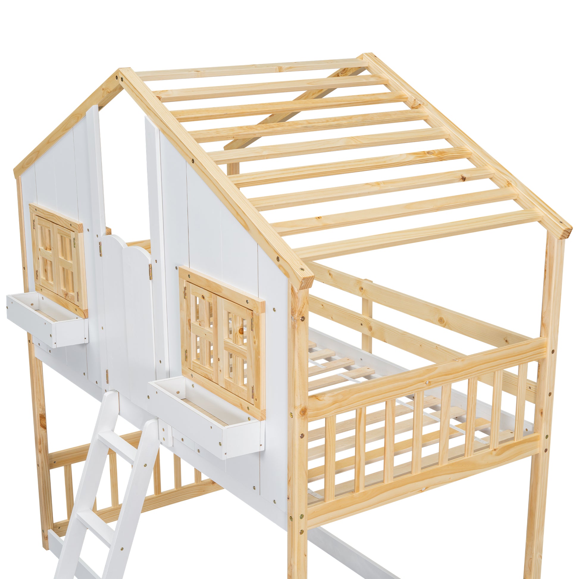 Twin over Twin House Bunk Bed with Roof, Window, Window Box, Door, with Safety Guardrails and Ladder, Natural/White image 6