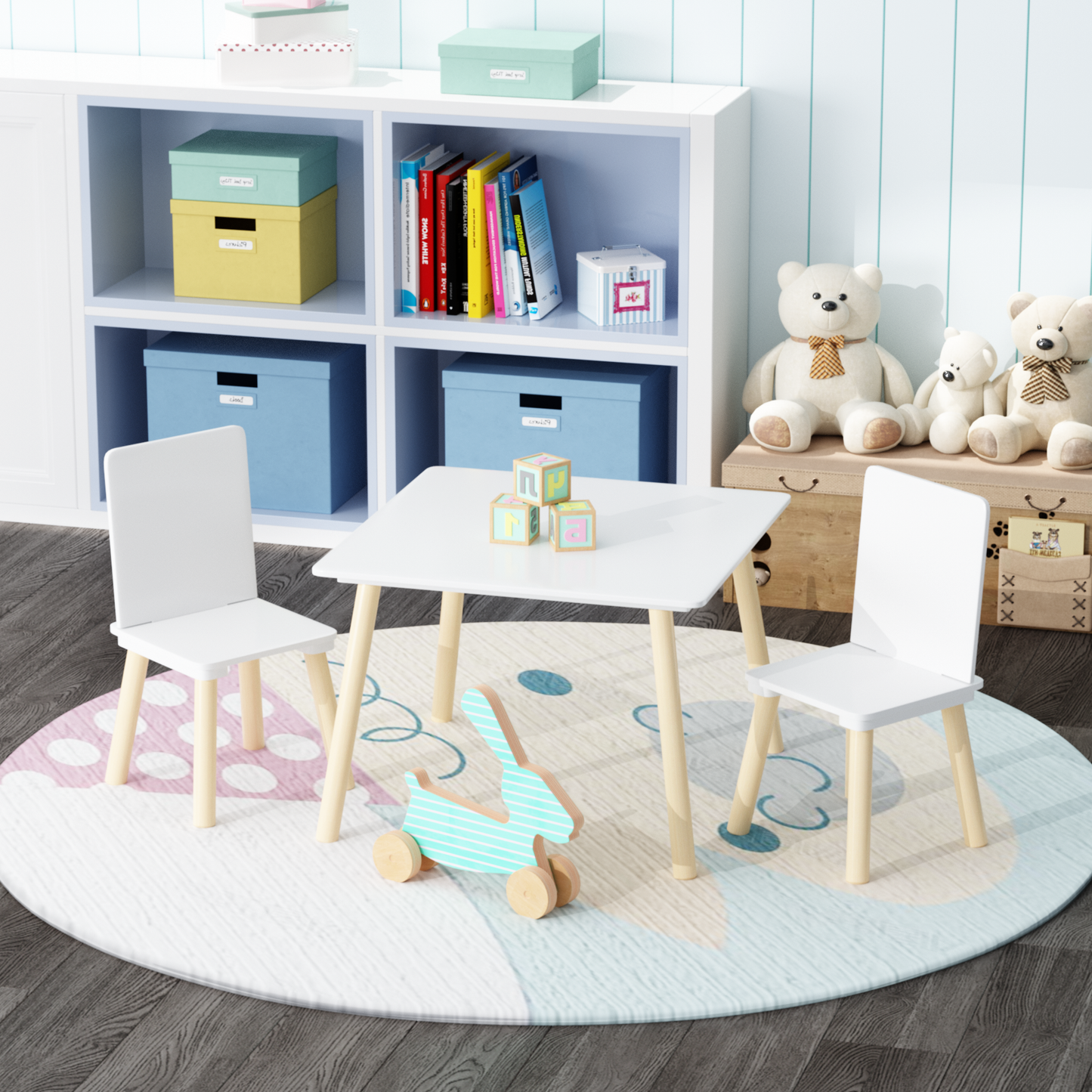 Kids Table and 2 Chairs Set, 3 Pieces Toddler Table and Chair Set, Wooden Activity Play Table Set (White) image 1