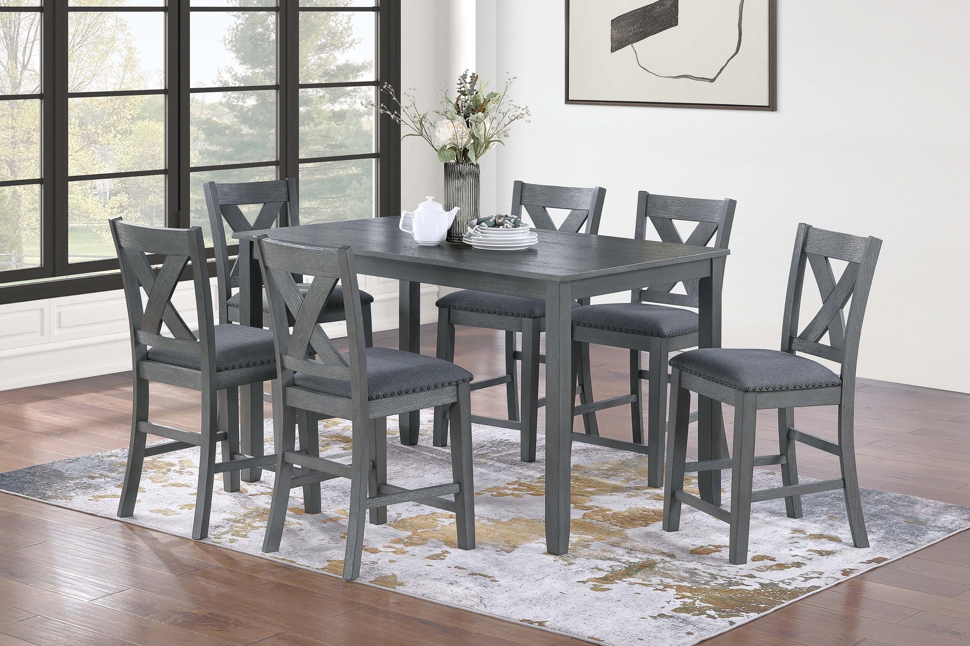 Modern Style Gray Dining Table 6x Chairs 7pcs Counter Height Set Cushion Seat Nailhead X-Cross Back Chairs Dining Room Furniture image 8