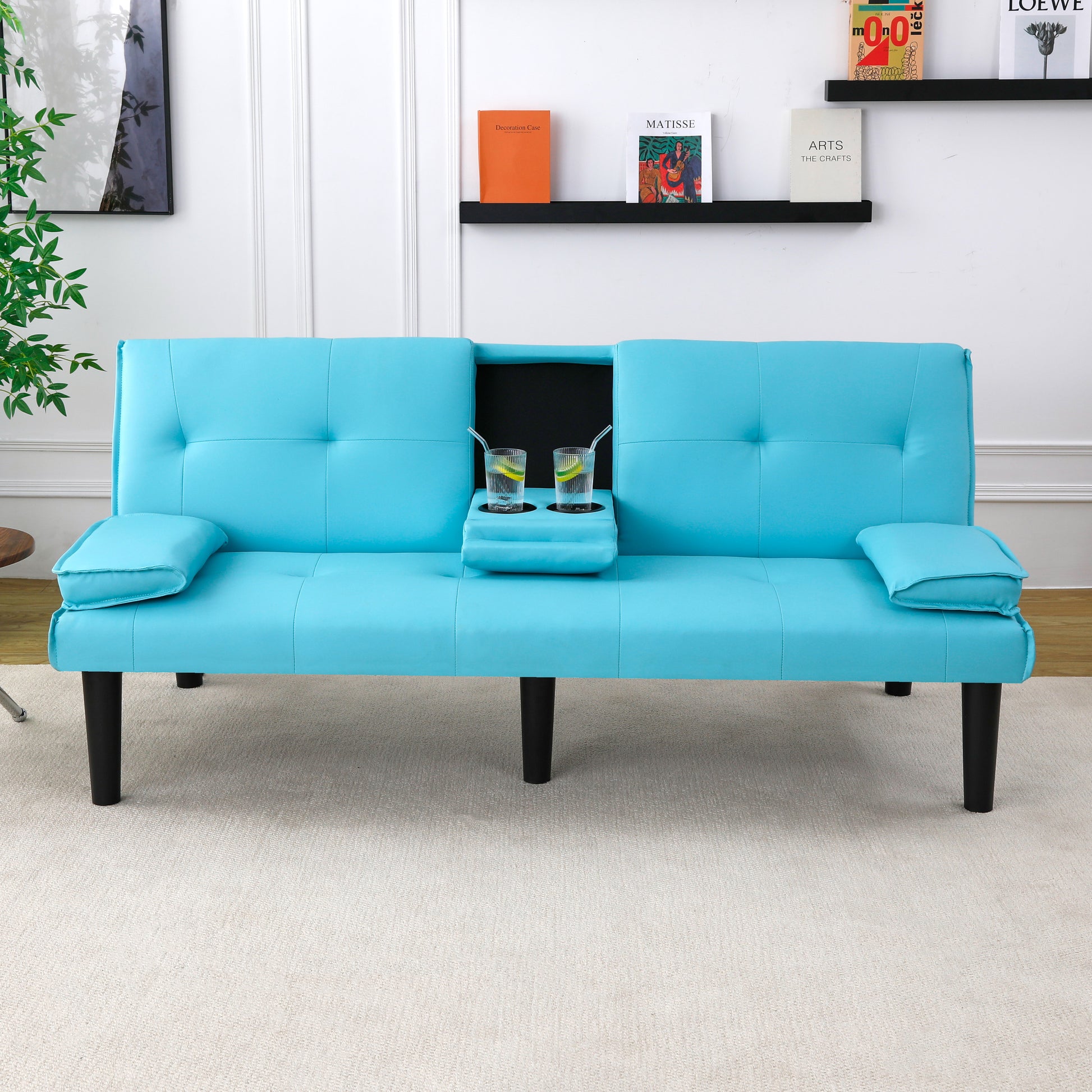 The 67-inch blue PVC multi-functional sofa bed, with a foldable and cup holder design, makes it extremely convenient to turn the living room into a guest room image 3