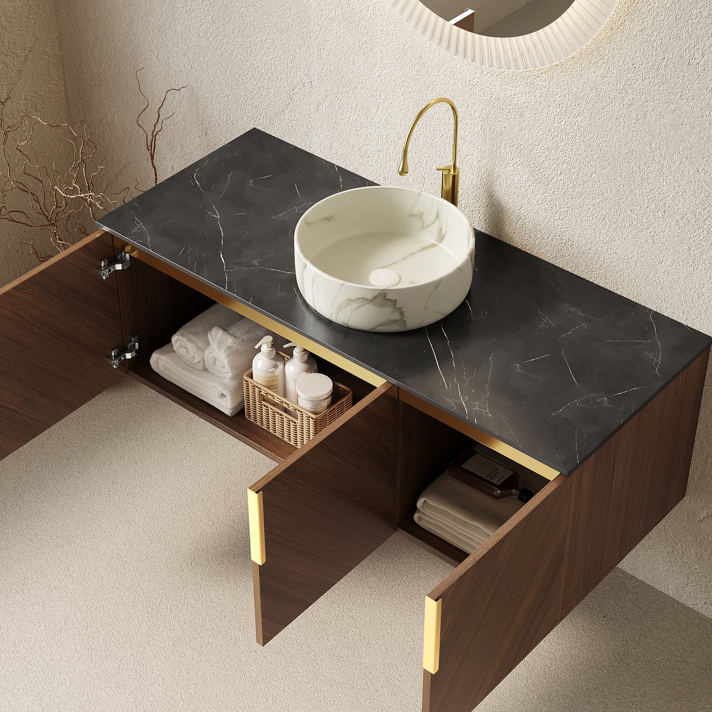 ARAI 48" Bathroom Vanity&Sink, Floating Plywood Bathroom Storage Cabinet with 3 Doors, Black Sintered Stone Countertop & White Round Ceramic Basin with Stone Pattern, Brown Oak Woodgrain (New SKU) image 2