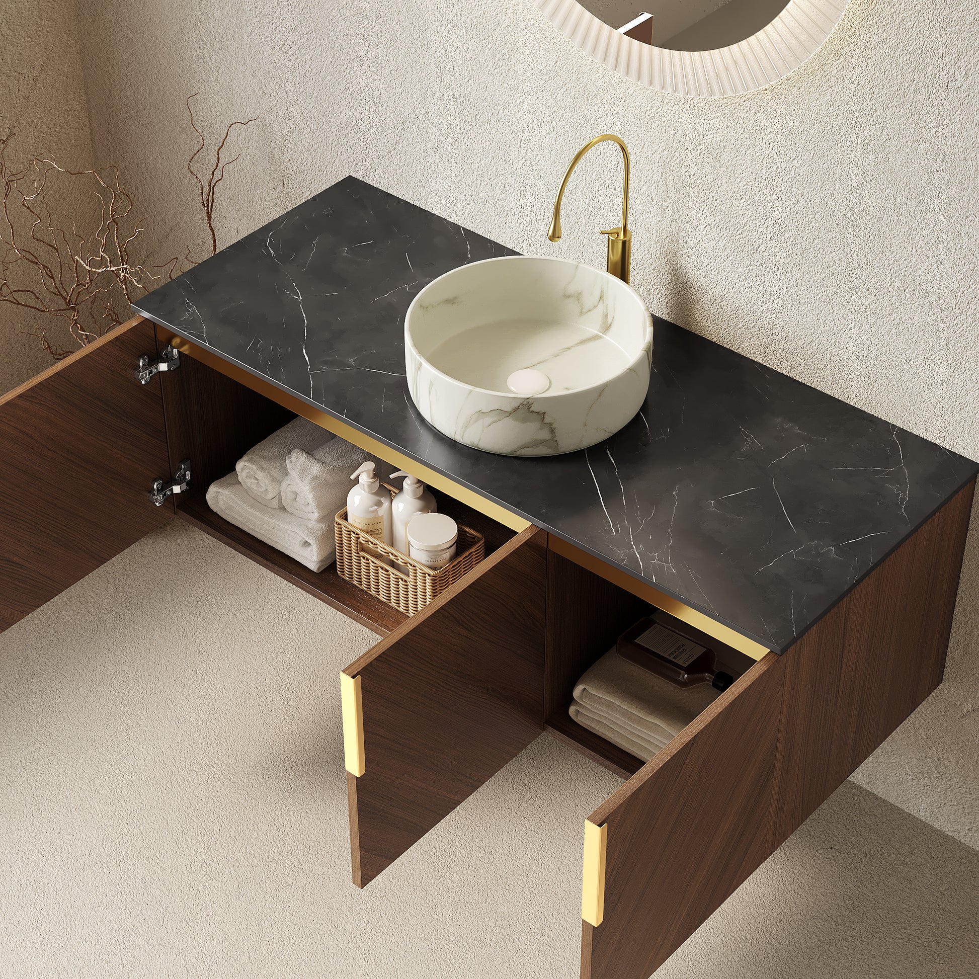 ARAI 48" Bathroom Vanity&Sink, Floating Plywood Bathroom Storage Cabinet with 3 Doors, Black Sintered Stone Countertop & White Round Ceramic Basin with Stone Pattern, Brown Oak Woodgrain (New SKU) image 2