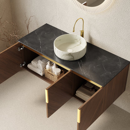 ARAI 48" Bathroom Vanity&Sink, Floating Plywood Bathroom Storage Cabinet with 3 Doors, Black Sintered Stone Countertop & White Round Ceramic Basin with Stone Pattern, Brown Oak Woodgrain (New SKU) image 2