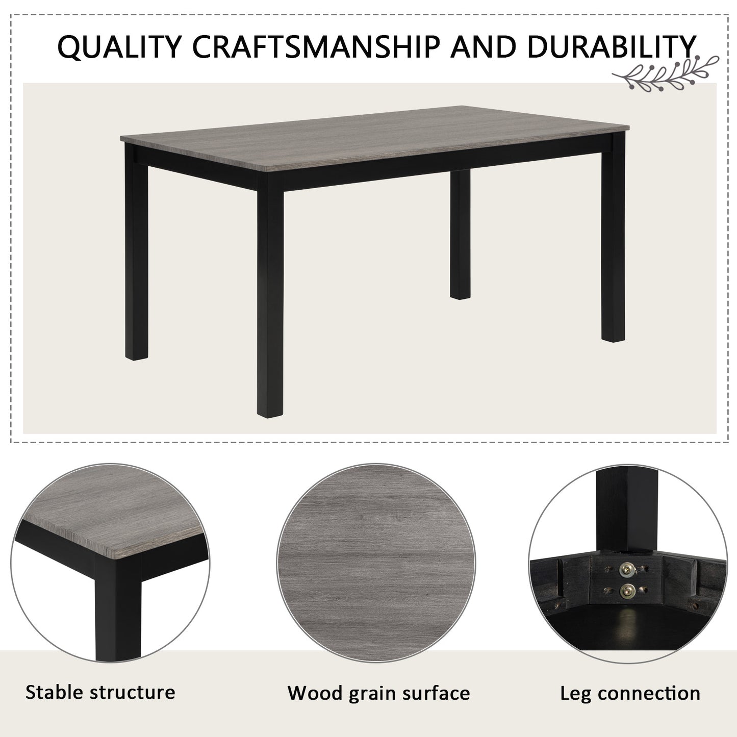 6-Piece Dining Table Set with Bench and Chairs, Dining Table Set for 6 with Bench, Wooden Dining Table Set for Kitchen, Dining Room, Light Grey & Black Two Tone image 5